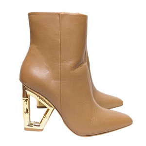 Cult Gaia Valeska Leather Cut-out Gold Bamboo Heel 90mm Ankle Boots 35 Camel Tan
